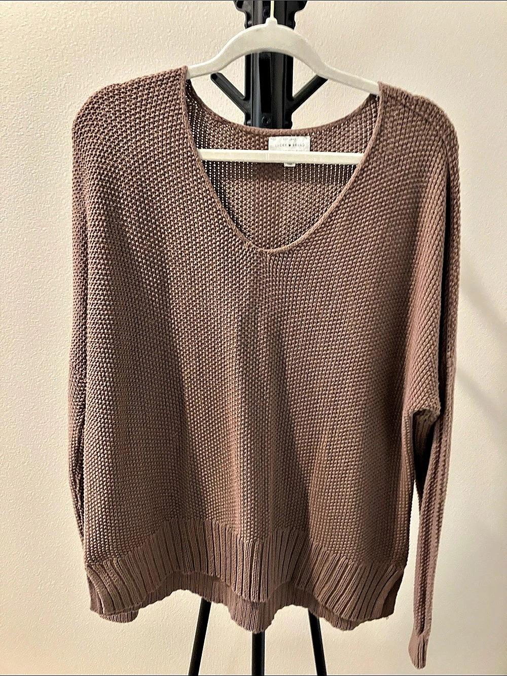 Lucky Brand Waffle Slouchy V-Neck Sweater Brown